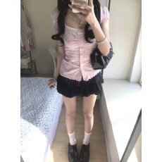 批发<b class='q'>甜美</b>风蜜桃粉泡泡袖短袖t恤女夏季2026新款修身方领衬衫花边上衣