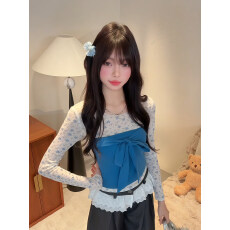 批发韩系甜美风碎花圆领<b class='q'>长袖</b>上衣女早春新款蝴蝶结绑带抹胸背心两件套