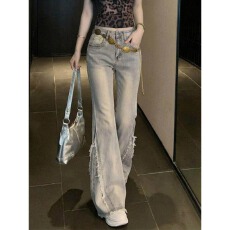 批发美式复古辣妹微喇牛仔裤女2025年春<b class='q'>夏</b>设计感毛边修身气质显瘦长裤