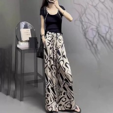 批发国风花裤子女夏季新款宽松显瘦垂感直筒抽绳设计感小众长裤<b class='q'>阔腿裤</b>
