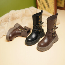 圆头厚底美拉德中筒长短靴女2025新款英伦风复古色马丁靴字扣调节