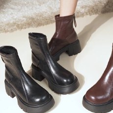 圆头软皮厚底增高马丁靴女英伦风2024新款冬季百搭ins显瘦 后拉链