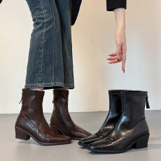 批发方头短靴子2026新款复古皮靴后拉链时尚百搭中跟显瘦宽版瘦瘦靴女