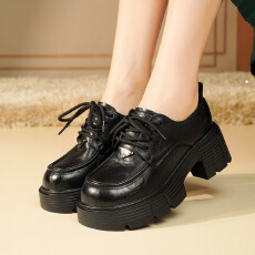 批发英伦风小皮鞋女款2026四季款复古厚底乐福鞋圆头<b class='q'>百搭</b>布洛克鞋系带