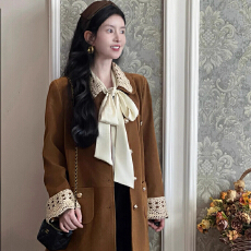 批发原版有内里 复古<b class='q'>蕾丝</b>棕色外套女秋冬季美拉德翻领工装小香风上衣
