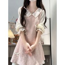 批发小个子绝美粉色连衣裙子女初秋季2025新爆款假两件miu系穿搭<b class='q'>短裙</b>