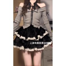 批发甜辣风蕾丝挂脖T恤女秋季芭蕾黑色灯芯绒短裙上衣蓬蓬蛋糕裙<b class='q'>套装</b>