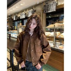 批发美式复古麂皮绒棒球服外套女2025秋季新款小个子短款<b class='q'>机车</b>服夹克衫