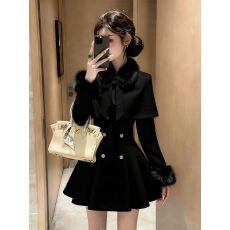 批发小香风黑色毛边领斗篷外套女2025秋季新款巨好看的轻奢收腰<b class='q'>连衣裙</b>