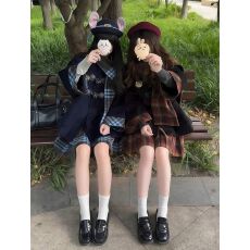 批发学院风JK制服套装女秋冬小个子牛角扣毛呢外套+格子百褶裙两件套