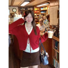 批发2025秋冬拼接木耳边假两件v领毛衣女系带慵懒感软糯短款<b class='q'>开衫</b>上衣