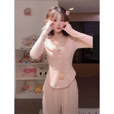 批发早秋修身显瘦设计感纯欲风辣妹条纹连帽开衫上衣+阔腿长<b class='q'>裤</b>套装女