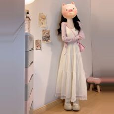 批发小个子韩系穿搭白色吊带<b class='q'>连衣裙</b>子女秋季2025新款法式气质套装<b class='q'>长裙</b>