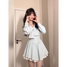 批发甜美纯欲秋季蕾丝花边蝴蝶结高级感长袖蓝色收腰显瘦蓬蓬<b class='q'>连衣裙</b>女