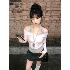 批发螺纹德绒长袖t恤女冬辣妹条纹挂脖吊带<b class='q'>背心</b>两件套叠穿<b class='q'>打底</b>