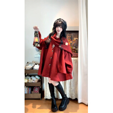 批发复古红色斗篷毛呢外套女<b class='q'>秋</b>冬2025新款韩系高级感宽松短款呢子大衣