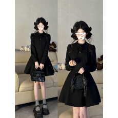 批发黑色战袍高级感衬衫连衣裙小个子女2025开<b class='q'>春</b>新款过年内搭打底短裙