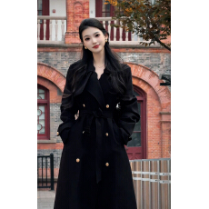 批发韩系中长款黑色夹棉风衣外套女秋冬季高级感正肩收腰大衣2025新款