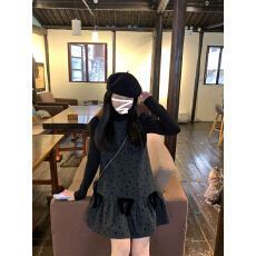 批发黑色<b class='q'>波点</b>针织<b class='q'>连衣裙</b>子女秋冬季2025新款小个子香风背心蓬蓬裙套装