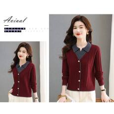 批发假两件毛衣针织衫女秋冬POLO领拼接衬衣小衫洋气<b class='q'>宽松</b>内搭打底上衣