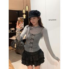 批发原版蕾丝+人棉甜辣妹套装薄款<b class='q'>长袖</b>T恤灰色<b class='q'>两件套</b>吊带女秋季