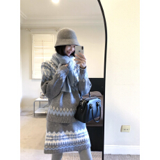 批发2025新款韩系氛围感穿搭费尔岛灰色针织毛衣套装<b class='q'>连衣裙</b>子女秋冬季