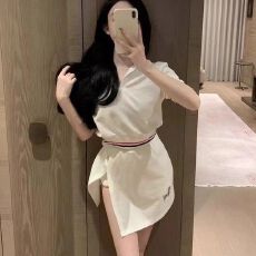 批发韩系小香风减龄套装女2026夏撞色翻领短袖上衣高腰开衩裙两件套潮
