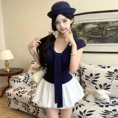 批发原版质量 甜辣妹学院风<b class='q'>套装</b>女2026夏<b class='q'>蕾丝</b>拼接T恤花苞半裙两件套潮