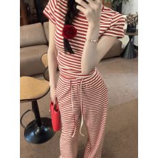 批发原版夏季条纹撞色设计圆领短袖T恤女高腰抽绳显瘦阔腿<b class='q'>裤</b><b class='q'>两件套</b>潮