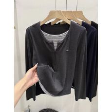 批发原版质量 韩系设计感拼接<b class='q'>条纹</b><b class='q'>长袖</b>上衣女春秋新款休闲内搭上衣潮