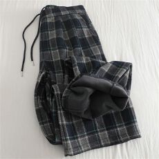 批发原版质量藏青格子加绒阔腿裤女秋冬简约百搭松紧腰直筒<b class='q'>休闲</b>长裤潮