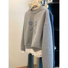 批发原版华棉复合真超特大码钉珠蝴蝶结蕾丝花边卫衣<b class='q'>女</b>秋冬休闲<b class='q'>上衣</b>潮