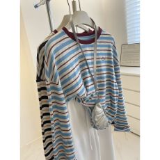 批发原版展开 特<b class='q'>大码</b>300斤设计感撞色条纹T恤女韩系长袖<b class='q'>打底衫</b>上衣潮