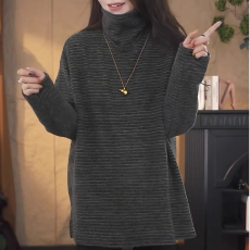 批发原版质量 韩系简约高领条纹<b class='q'>中长款</b><b class='q'>卫衣</b>女秋冬新款休闲内搭上衣潮