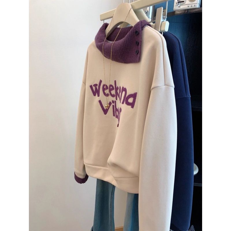 MY16807# 原版韩系植绒字母拼接针织假两件落肩袖加绒卫衣宽松上衣潮女...