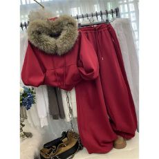 批发原版氛围感毛领连帽插肩袖卫衣高腰抽绳阔腿裤休闲加绒两件套潮