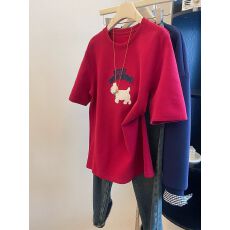 批发原版德绒 特大码300斤红色刺绣小狗短袖t恤女春秋<b class='q'>新款</b>磨毛上衣潮