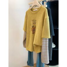 批发原版德绒特大码300斤磨毛加厚拼接条纹长袖T恤女春夏假两件上衣潮