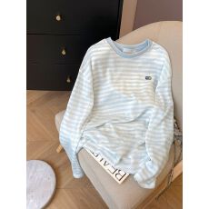 批发原版索罗娜领口防晒罩衫T恤女春夏薄条纹<b class='q'>长袖</b>慵懒宽松圆领上衣潮