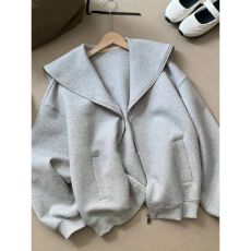 批发原版韩系慵懒风灰色海军领卫衣女26春夏拉链开衫宽松外套上衣潮