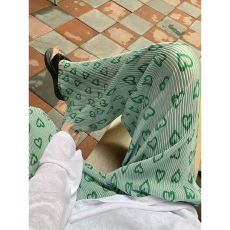 批发大码<b class='q'>女</b>装绿色爱心印花百褶休闲裤2026新款高腰褶皱通勤垂感直筒裤