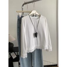 批发21支纯棉特<b class='q'>大码</b>300斤韩系下摆镂空花边长袖T恤女2026春秋新款上衣