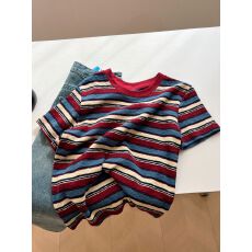 批发特<b class='q'>大码</b>300斤韩系撞色条纹圆领短袖t恤女夏季宽松显瘦打底衫上衣潮