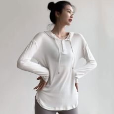 批发原版莫代尔面料春夏宽松运动瑜伽服连帽长袖<b class='q'>T</b><b class='q'>恤</b>户外跑步上衣女