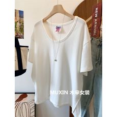 批发韩系休闲宽松侧开叉短袖上衣女春夏新款简约复古毛边领短袖T恤潮