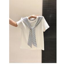 批发原版韩系休闲条纹披肩短袖t恤女2026夏季新款甜美夏装正肩上衣潮