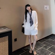 批发韩系气质套装女夏季新款＋丝巾防晒长袖抽绳<b class='q'>休闲</b>短裤松弛感两件套