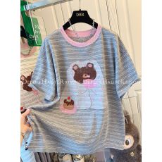 批发韩系大码300斤超好看减龄小熊<b class='q'>条纹</b>短袖T恤女夏季<b class='q'>打底衫</b>宽松上衣潮