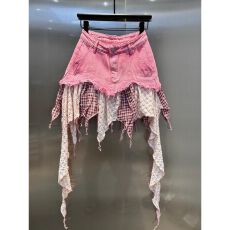 批发韩系减龄小清新甜酷风格子拼接粉色牛仔短裙女2026夏季新款半身裙