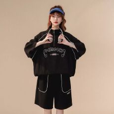 批发华夫格美式polo衫短袖t恤短裤情侣套装女夏<b class='q'>宽松</b>休闲<b class='q'>运动服</b>两件套